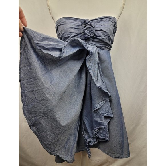 J.Crew Strapless Chambray Rose and Ruffle A-Line Dress 100% Cotton Size 0 - Picture 3 of 9